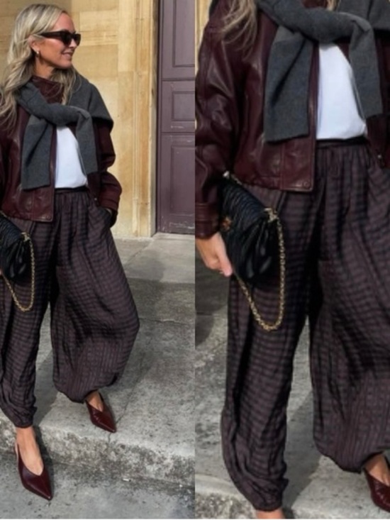 Zara Pants - Zara Burgundy Checked Wide-Leg Pants